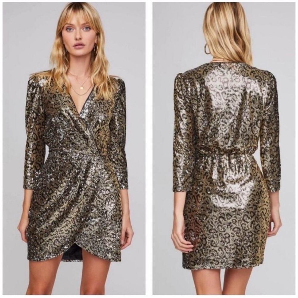 ASTR the label Selene leopard sequin mini wrap dress gold with sleeve size small